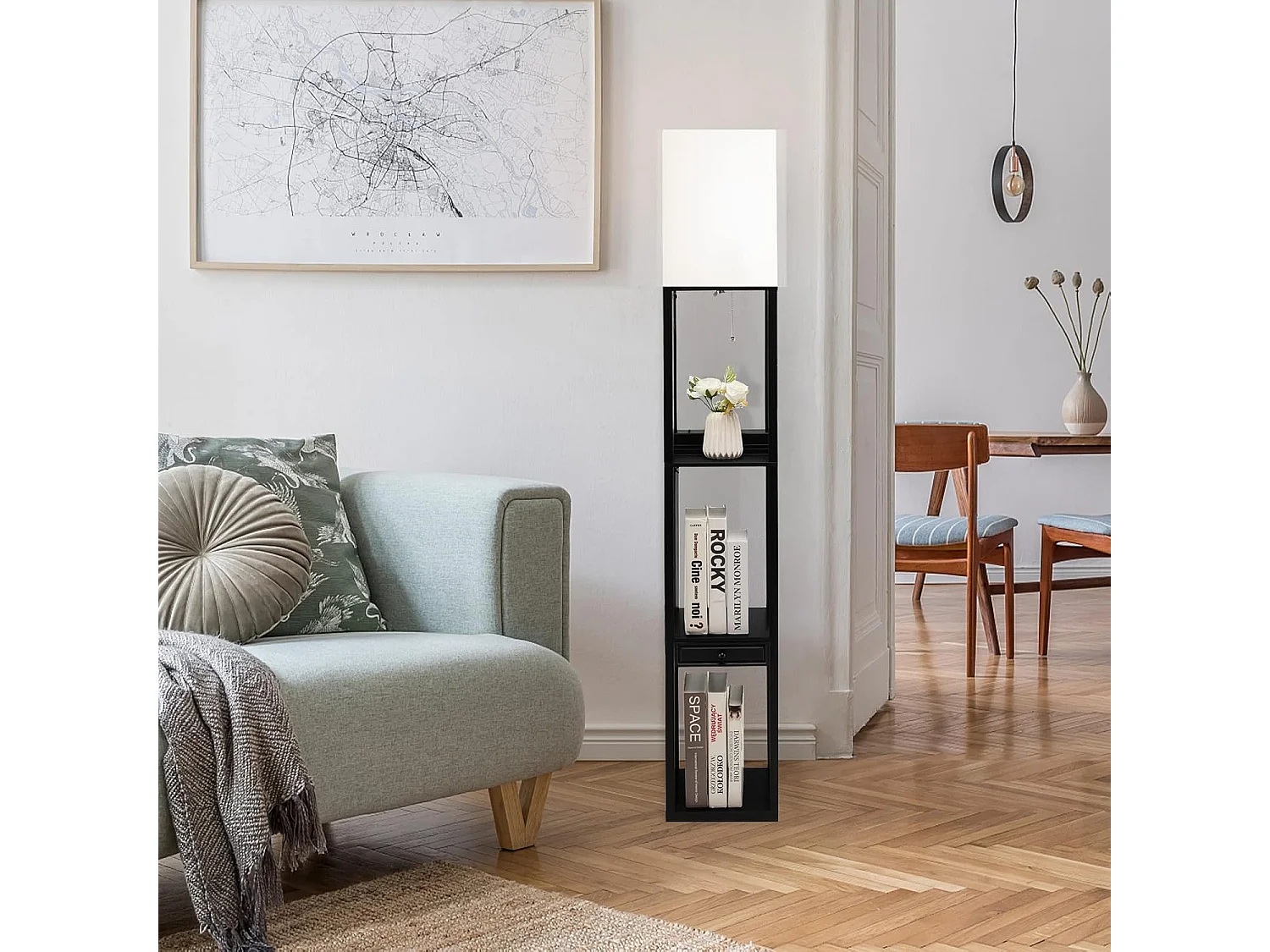 Lampadaire sur Pied Salon Moderne avec LED E27 Variable de 5000K et 1 Port USB, Lampe Salon sur Pied 160cm 3 Étagères Ouvertes et 1 Tiroir, Montage Facile