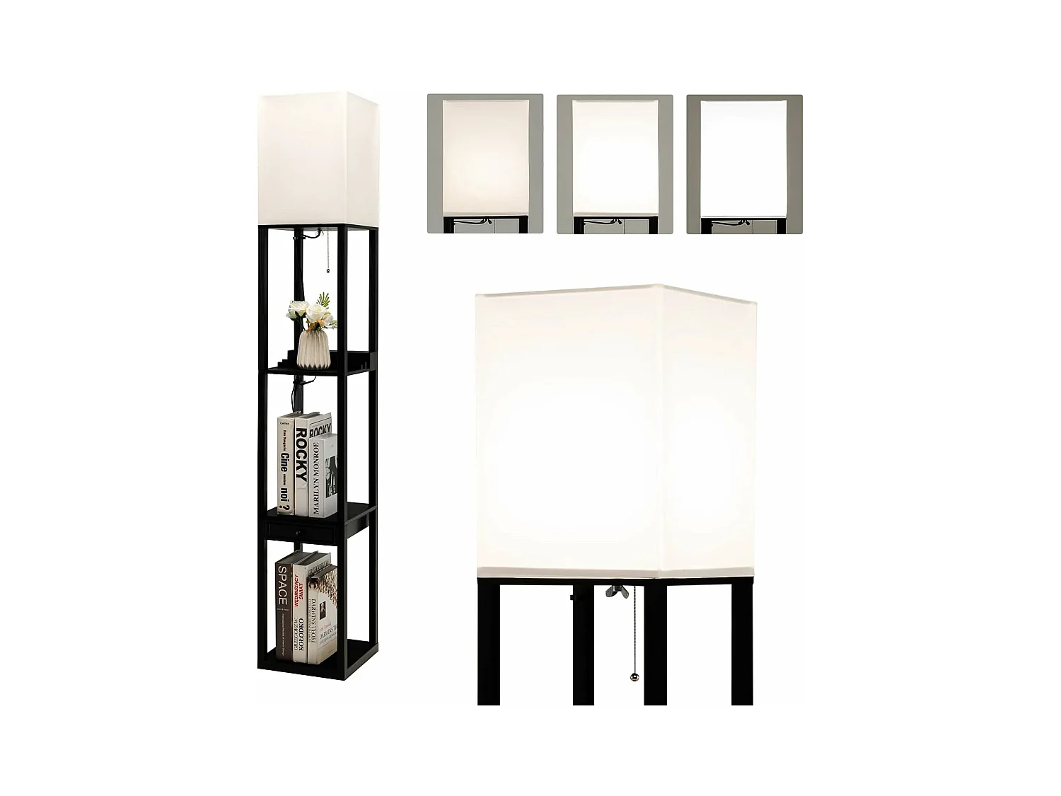 Lampadaire sur Pied Salon Moderne avec LED E27 Variable de 5000K et 1 Port USB, Lampe Salon sur Pied 160cm 3 Étagères Ouvertes et 1 Tiroir, Montage Facile