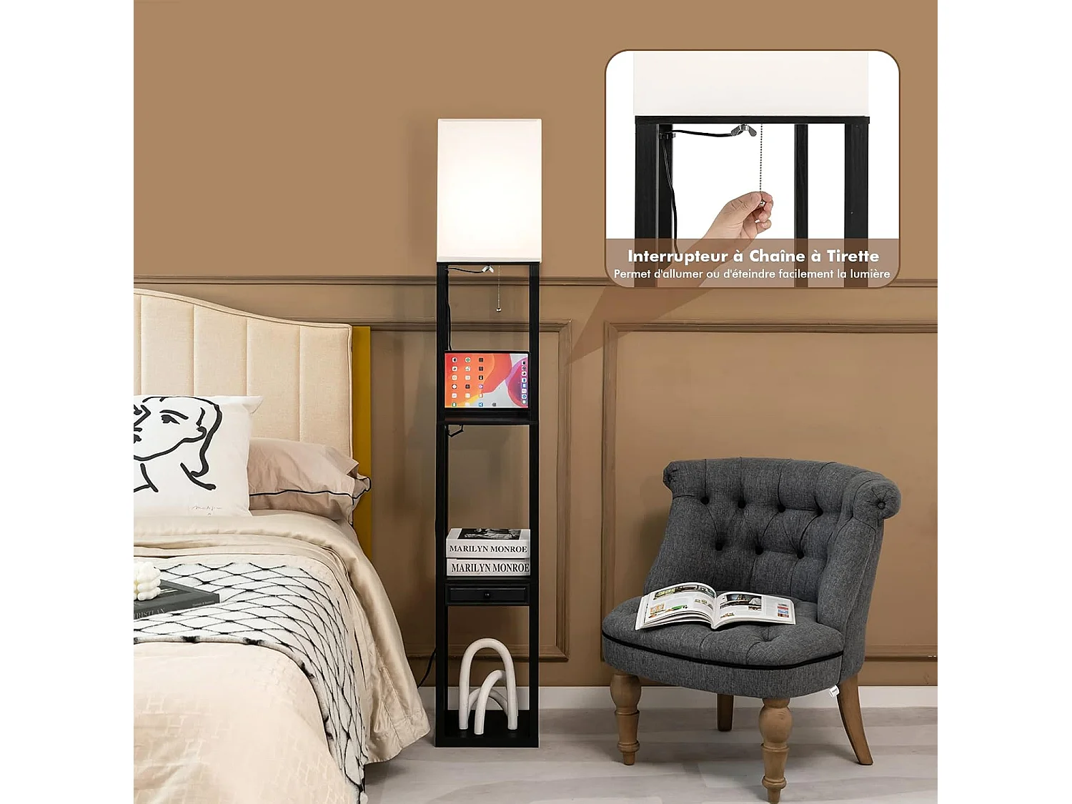 Lampadaire sur Pied Salon Moderne avec LED E27 Variable de 5000K et 1 Port USB, Lampe Salon sur Pied 160cm 3 Étagères Ouvertes et 1 Tiroir, Montage Facile