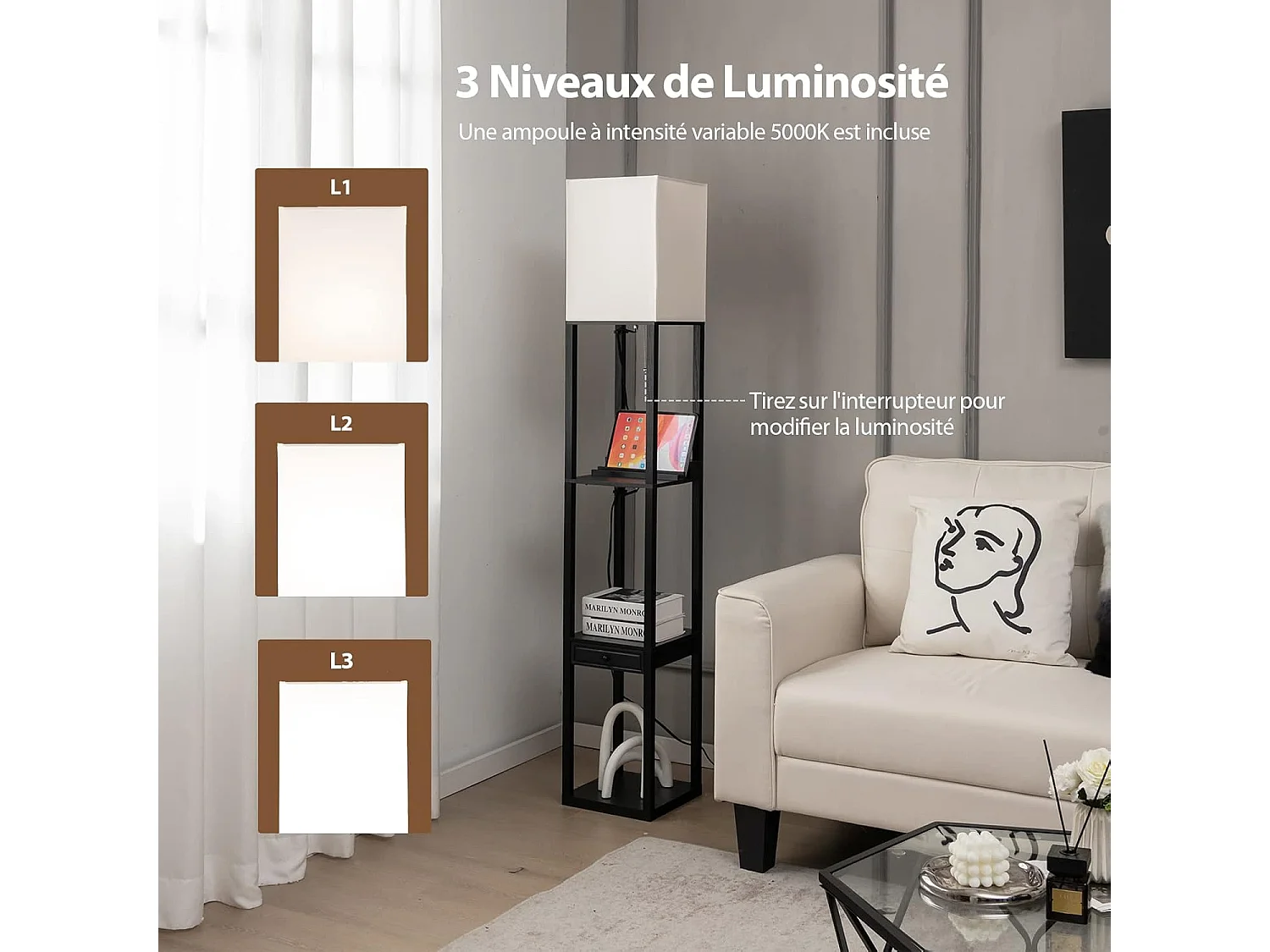 Lampadaire sur Pied Salon Moderne avec LED E27 Variable de 5000K et 1 Port USB, Lampe Salon sur Pied 160cm 3 Étagères Ouvertes et 1 Tiroir, Montage Facile