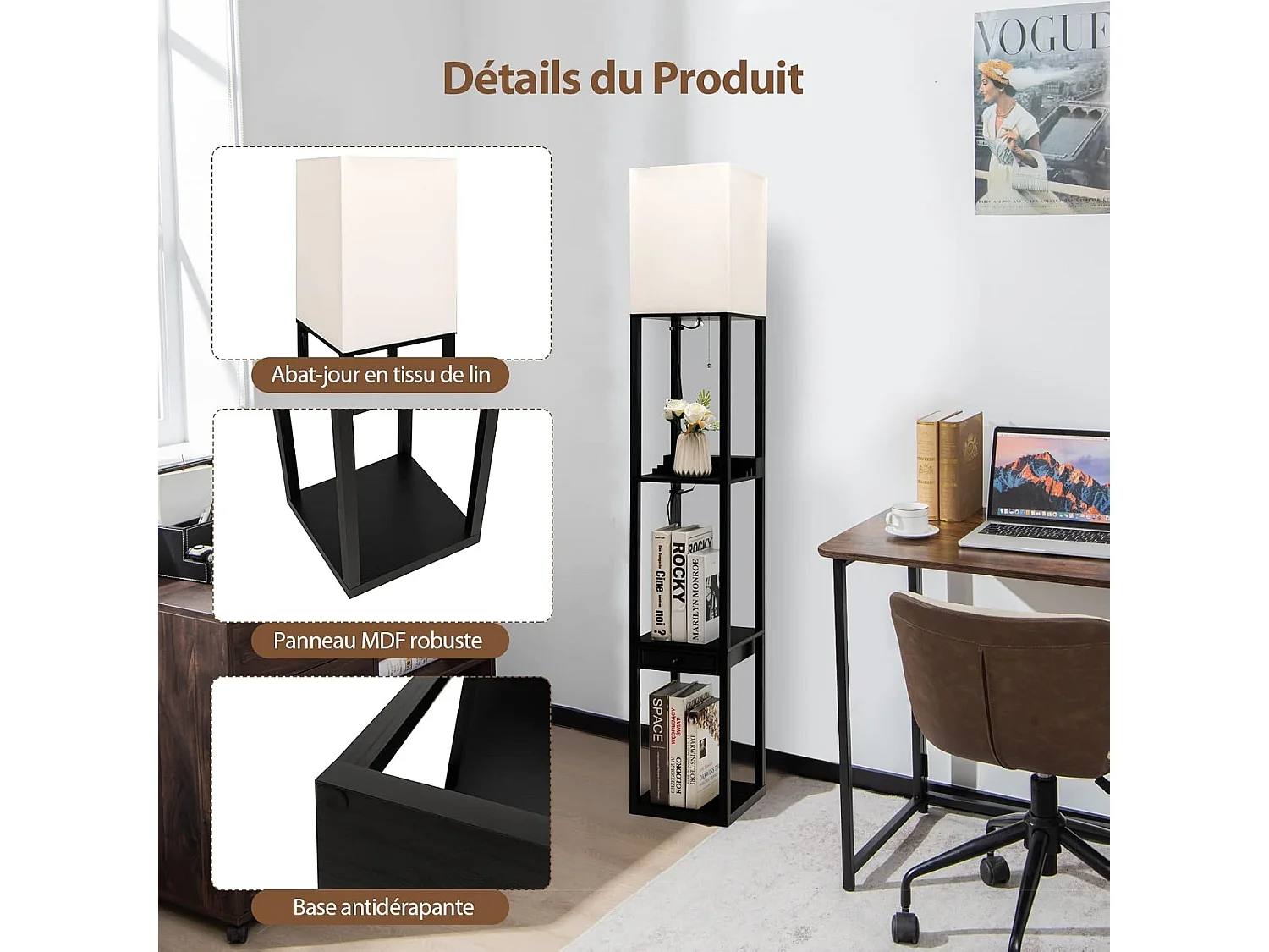 Lampadaire sur Pied Salon Moderne avec LED E27 Variable de 5000K et 1 Port USB, Lampe Salon sur Pied 160cm 3 Étagères Ouvertes et 1 Tiroir, Montage Facile