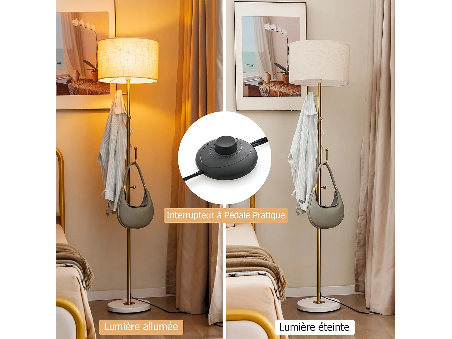 COSTWAY Lampadaire sur Pied Salon avec Interrupteur au Pied, Porte-Manteau, 5 Crochets pour Vêtements pour Chambre, Salon, Bureau, Doré