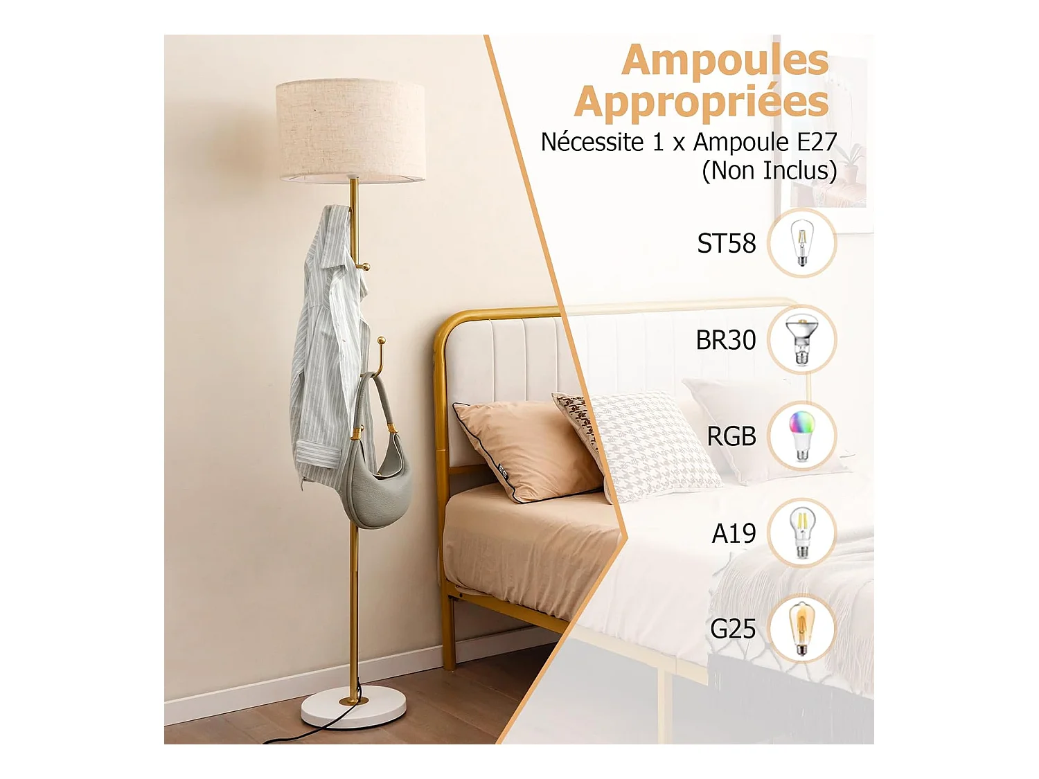 COSTWAY Lampadaire sur Pied Salon avec Interrupteur au Pied, Porte-Manteau, 5 Crochets pour Vêtements pour Chambre, Salon, Bureau, Doré