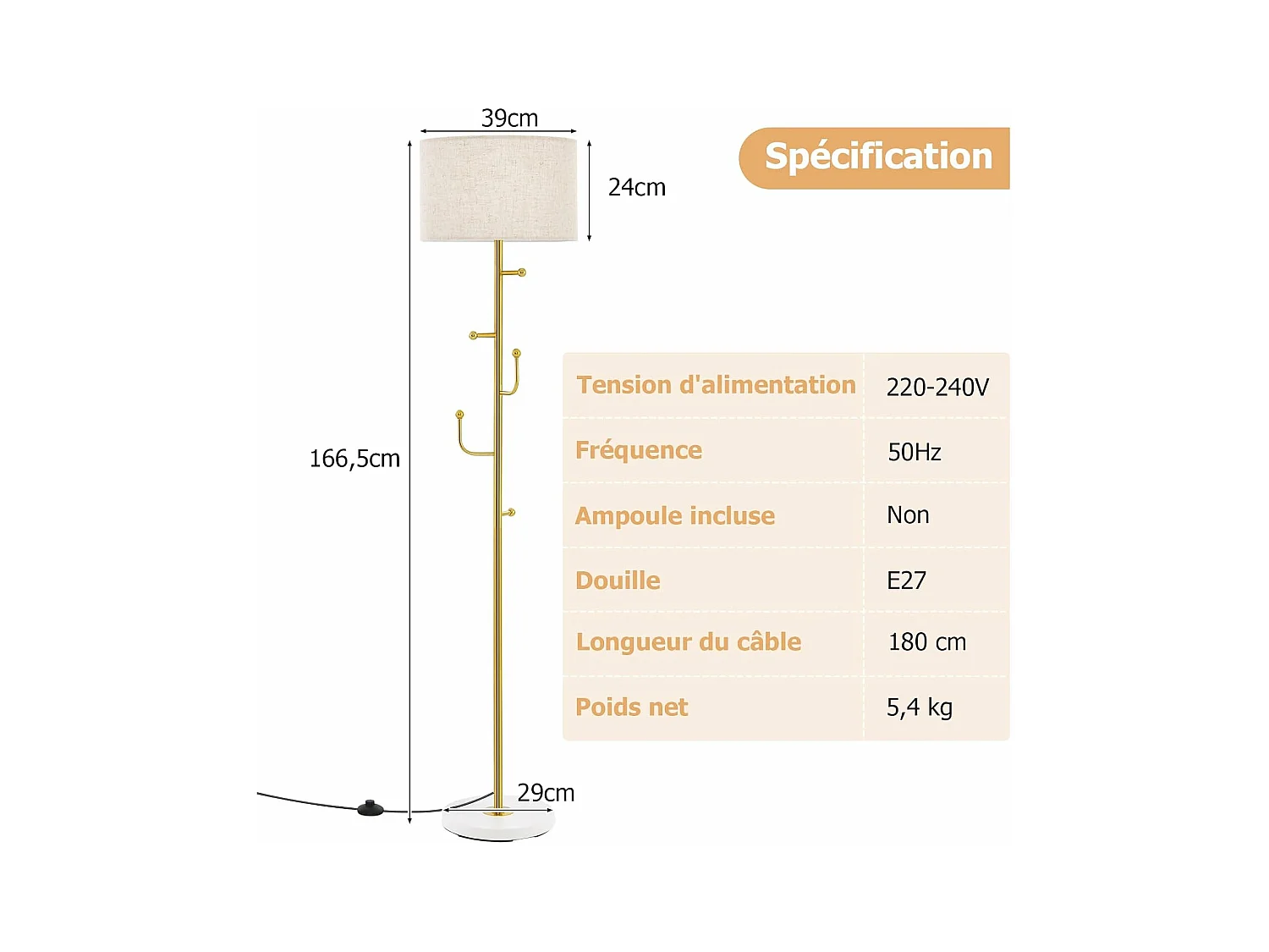 COSTWAY Lampadaire sur Pied Salon avec Interrupteur au Pied, Porte-Manteau, 5 Crochets pour Vêtements pour Chambre, Salon, Bureau, Doré