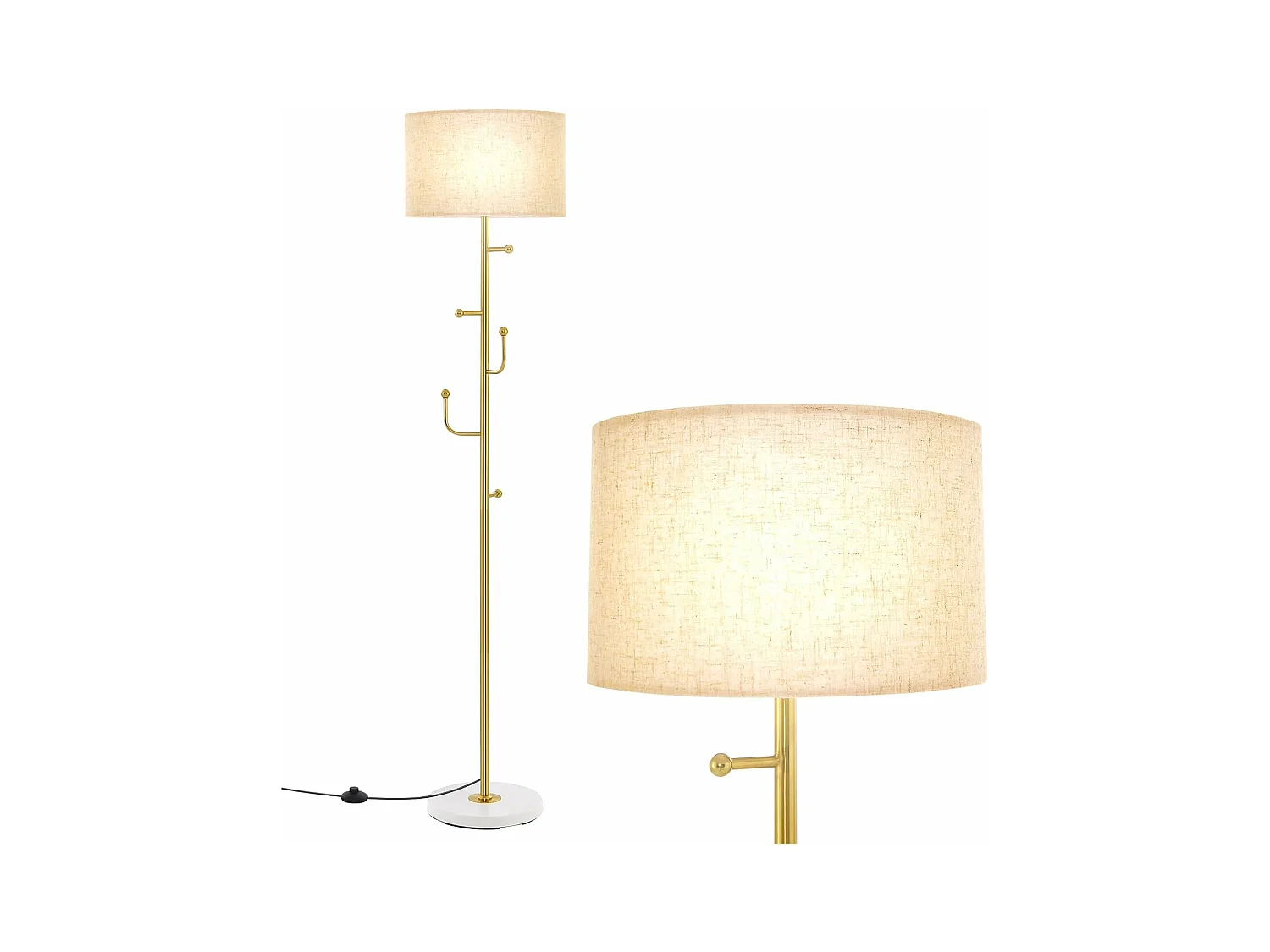 COSTWAY Lampadaire sur Pied Salon avec Interrupteur au Pied, Porte-Manteau, 5 Crochets pour Vêtements pour Chambre, Salon, Bureau, Doré