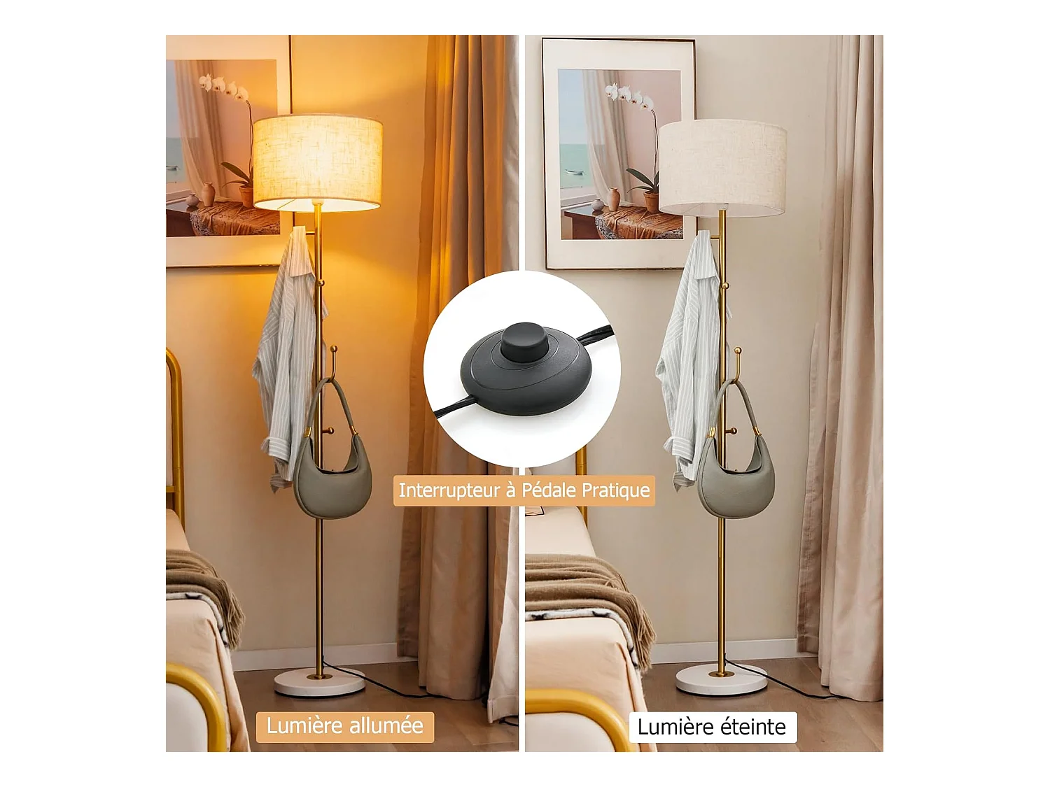 COSTWAY Lampadaire sur Pied Salon avec Interrupteur au Pied, Porte-Manteau, 5 Crochets pour Vêtements pour Chambre, Salon, Bureau, Doré