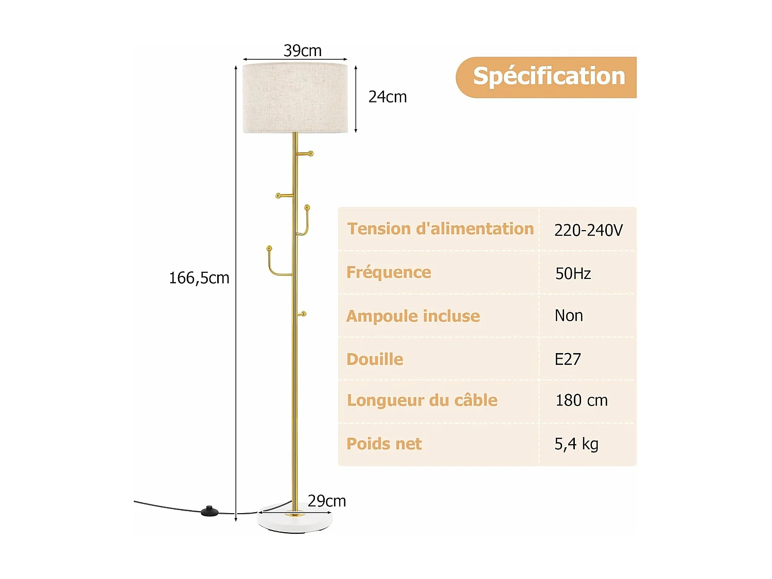 COSTWAY Lampadaire sur Pied Salon avec Interrupteur au Pied, Porte-Manteau, 5 Crochets pour Vêtements pour Chambre, Salon, Bureau, Doré