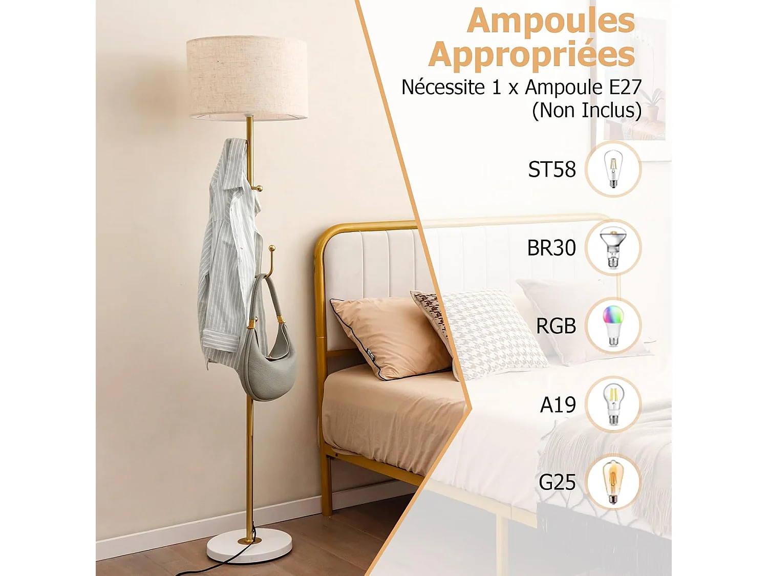 COSTWAY Lampadaire sur Pied Salon avec Interrupteur au Pied, Porte-Manteau, 5 Crochets pour Vêtements pour Chambre, Salon, Bureau, Doré