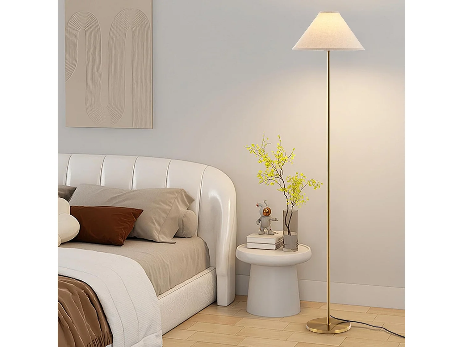 Metalen vloerlamp, vloerlamp met linnen kap en voetschakelaar, 162CM gouden paal slanke lamp, moderne vloerlamp voor woonkamer, slaapkamer en kantoor [Energieklasse A+++]