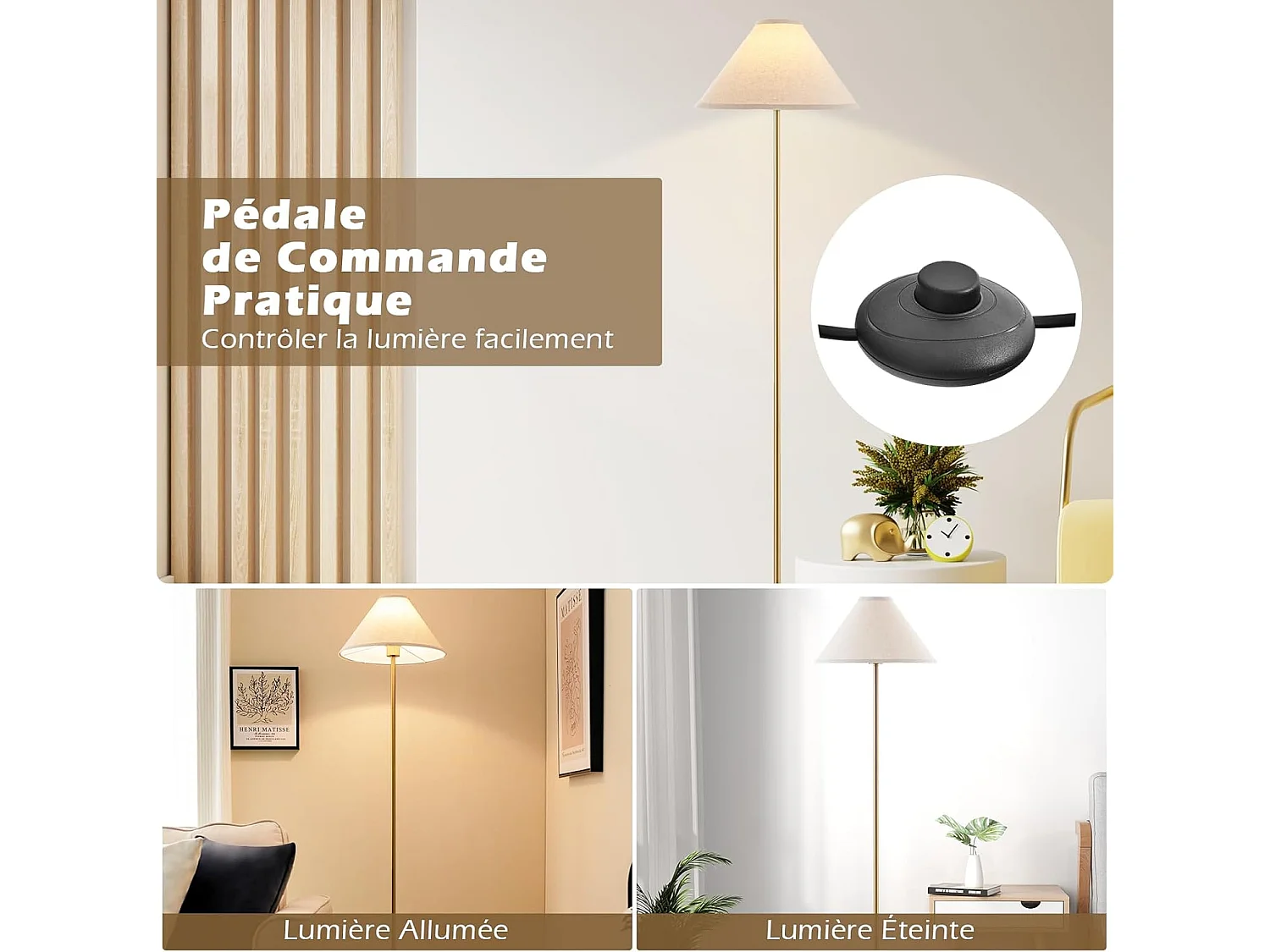 Metalen vloerlamp, vloerlamp met linnen kap en voetschakelaar, 162CM gouden paal slanke lamp, moderne vloerlamp voor woonkamer, slaapkamer en kantoor [Energieklasse A+++]