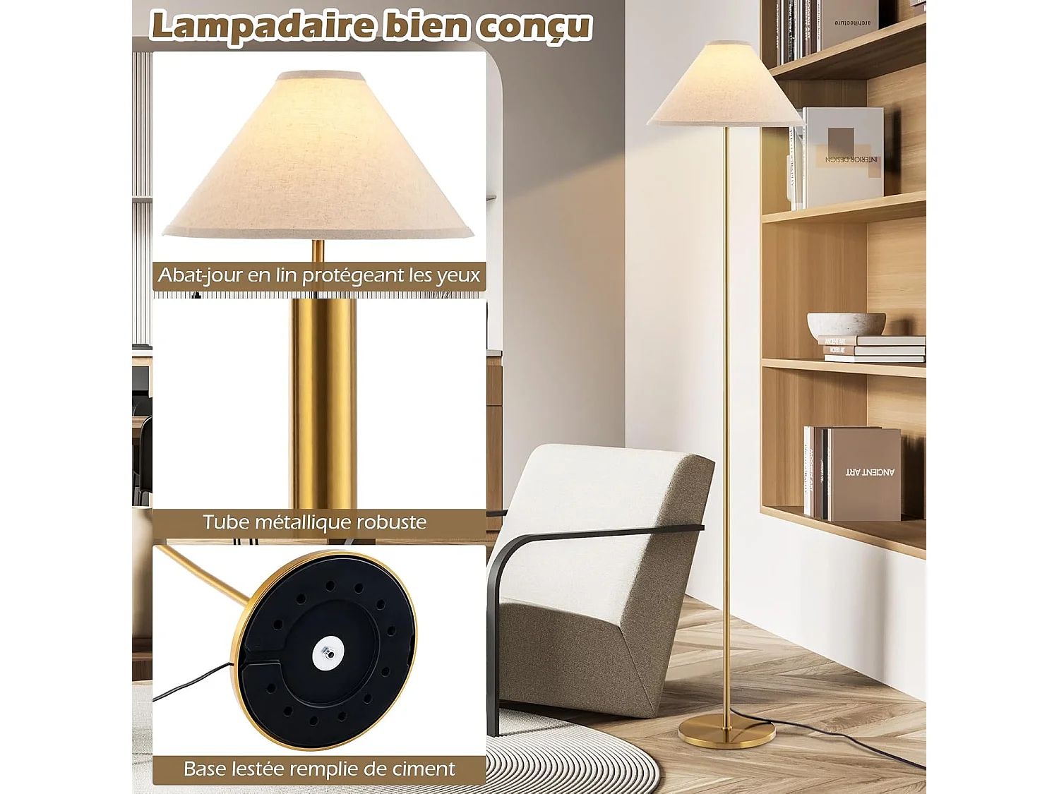Metalen vloerlamp, vloerlamp met linnen kap en voetschakelaar, 162CM gouden paal slanke lamp, moderne vloerlamp voor woonkamer, slaapkamer en kantoor [Energieklasse A+++]