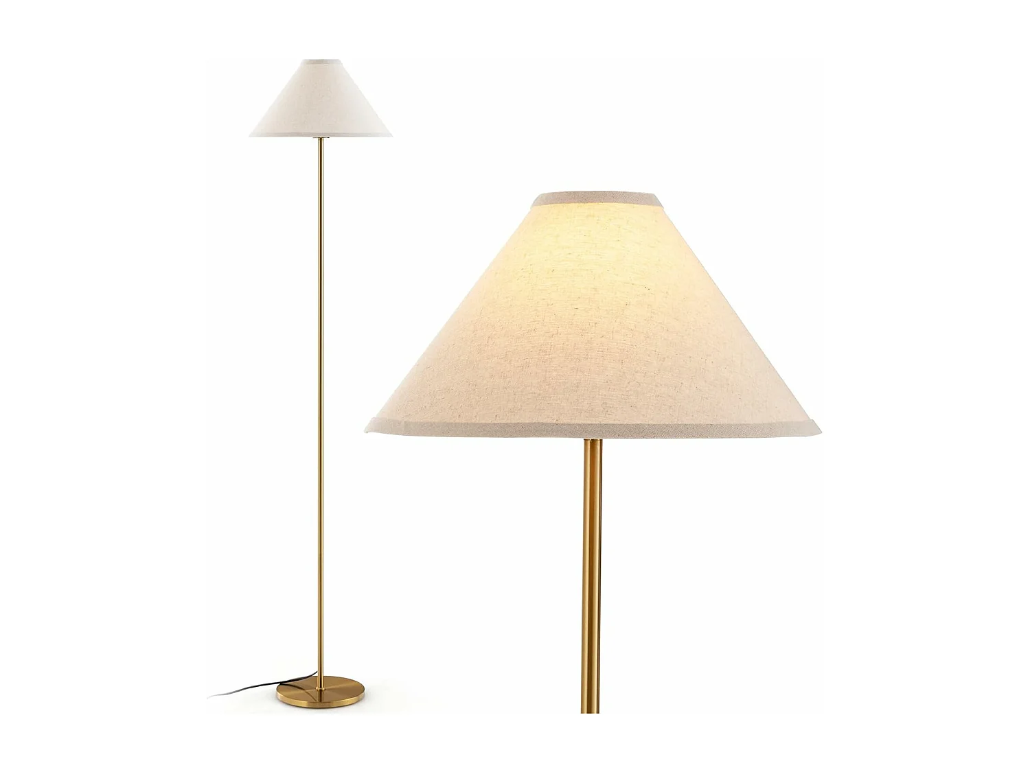 Lampadaire sur Pied en Métal, Lampadaire avec Abat-jour en Lin et Interrupteur au Pied, Lampe Élancée à Perche Dorée de 162 CM, Lampe de Sol Moderne pour Salon, Chambre et Bureau [Classe énergétique A+++]