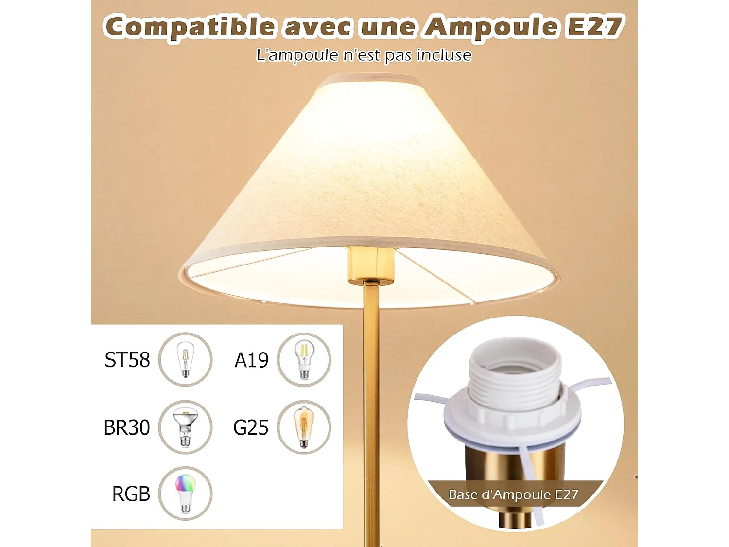 Lampadaire sur Pied en Métal, Lampadaire avec Abat-jour en Lin et Interrupteur au Pied, Lampe Élancée à Perche Dorée de 162 CM, Lampe de Sol Moderne pour Salon, Chambre et Bureau [Classe énergétique A+++]