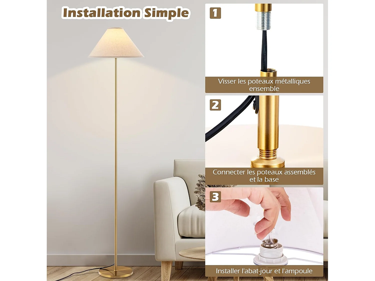 Lampadaire sur Pied en Métal, Lampadaire avec Abat-jour en Lin et Interrupteur au Pied, Lampe Élancée à Perche Dorée de 162 CM, Lampe de Sol Moderne pour Salon, Chambre et Bureau [Classe énergétique A+++]