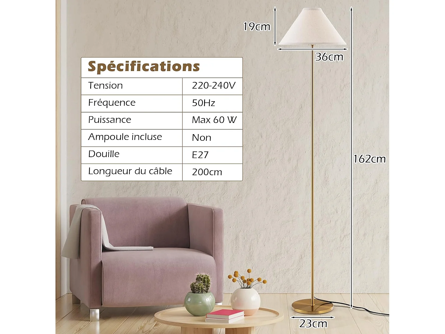 Lampadaire sur Pied en Métal, Lampadaire avec Abat-jour en Lin et Interrupteur au Pied, Lampe Élancée à Perche Dorée de 162 CM, Lampe de Sol Moderne pour Salon, Chambre et Bureau [Classe énergétique A+++]