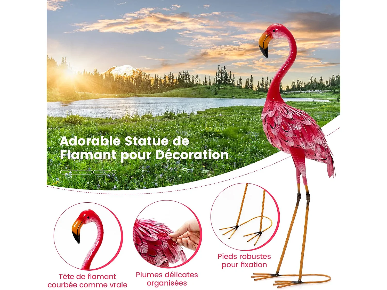 Statue de flamant rose lot de 2, cadre en métal imperméable plumes de couleur dégradée