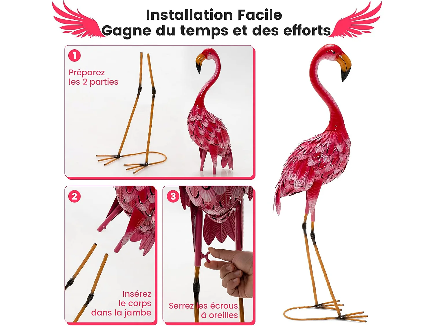 Statue de flamant rose lot de 2, cadre en métal imperméable plumes de couleur dégradée