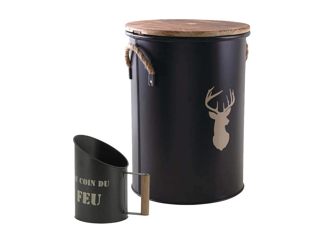 Tabouret et seau à pellets avec pelle Au coin du feu Métal laqué Cerf