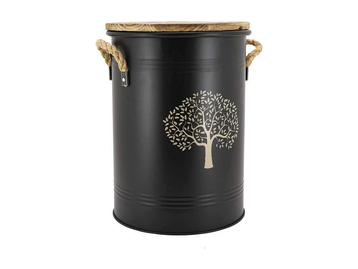 Tabouret et seau à pellets avec pelle Au coin du feu Métal laqué Arbre de vie