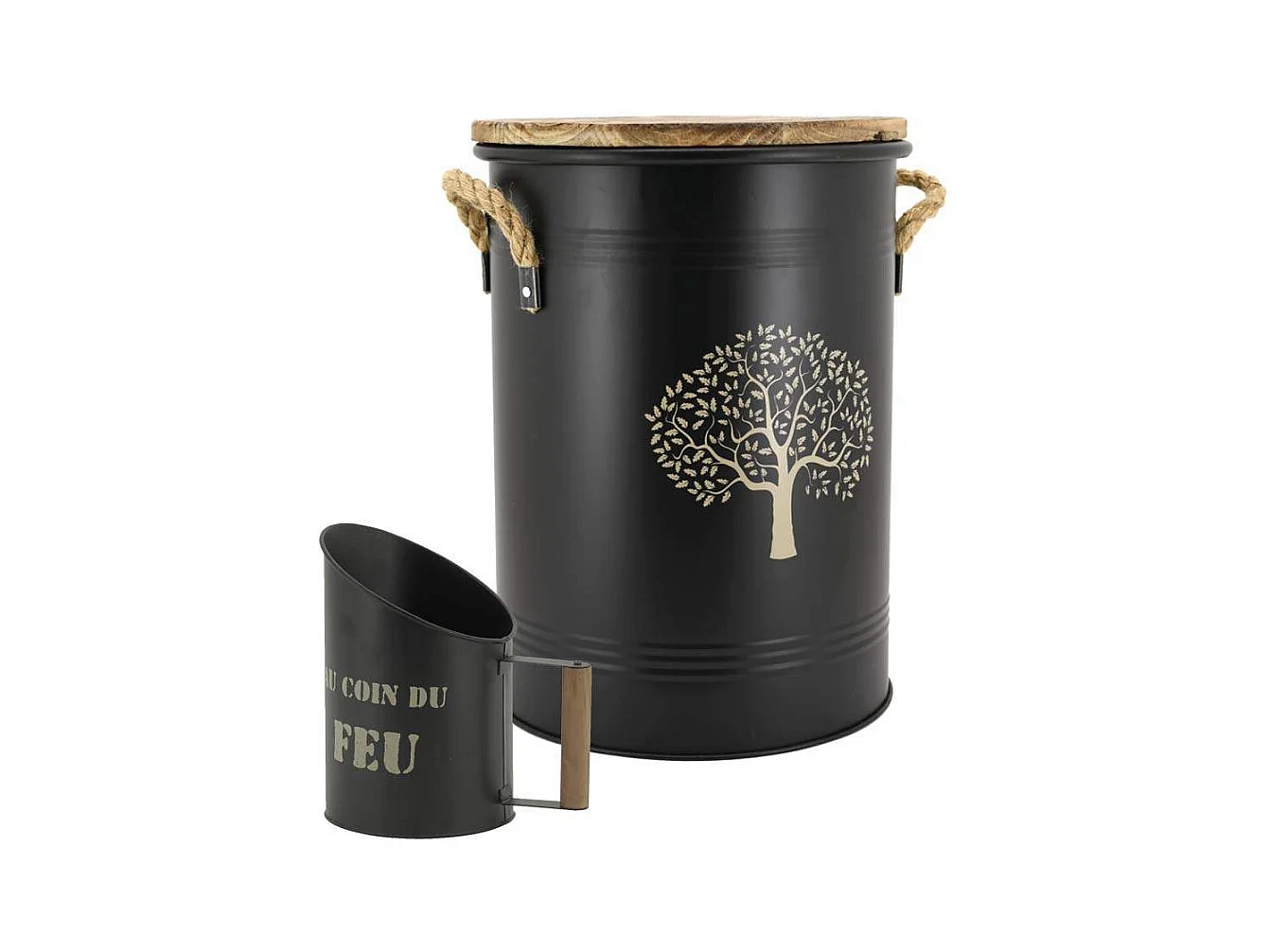 Tabouret et seau à pellets avec pelle Au coin du feu Métal laqué Arbre de vie
