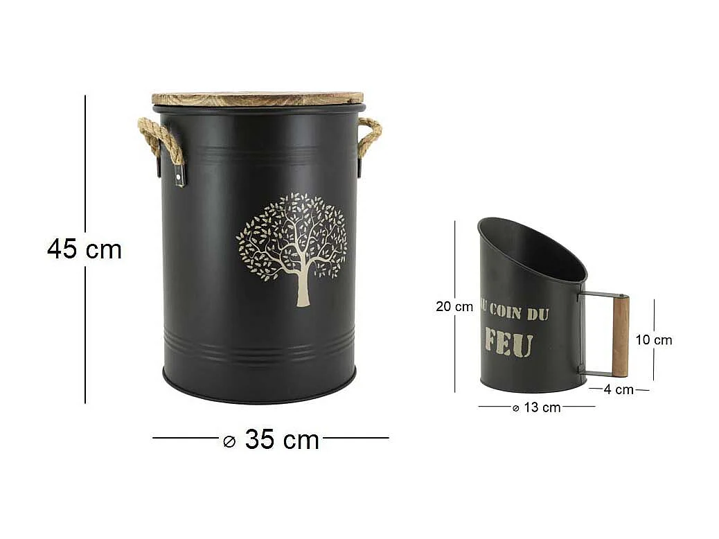 Tabouret et seau à pellets avec pelle Au coin du feu Métal laqué Arbre de vie