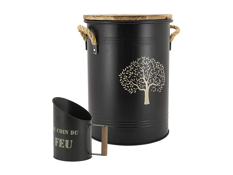 Tabouret et seau à pellets avec pelle Au coin du feu Métal laqué Arbre de vie