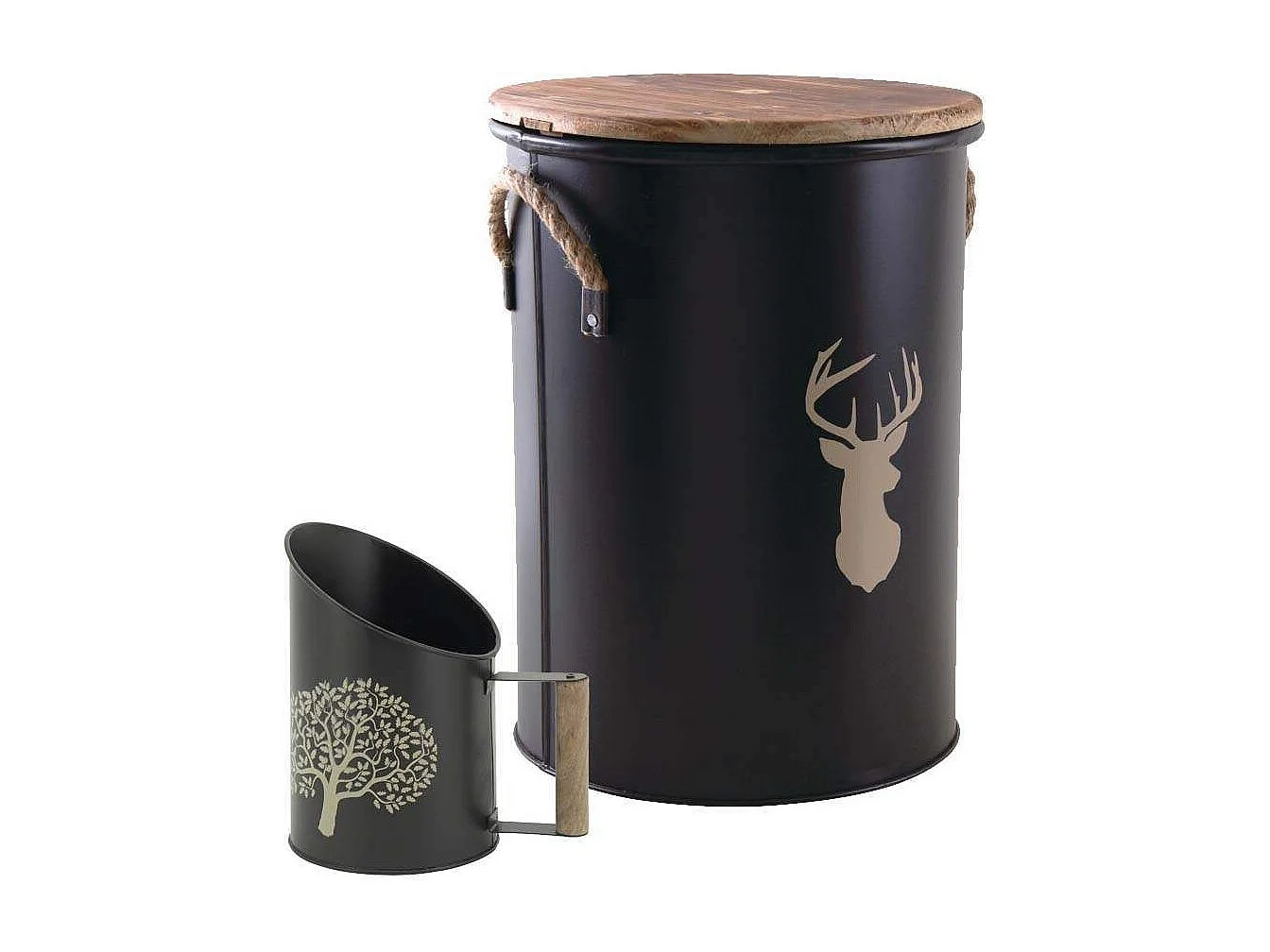 Tabouret et seau à pellets avec pelle Arbre Métal laqué Cerf