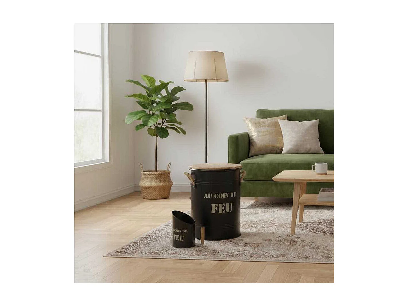 Tabouret et seau à pellets avec pelle Au coin du feu Métal laqué Au coin du feu