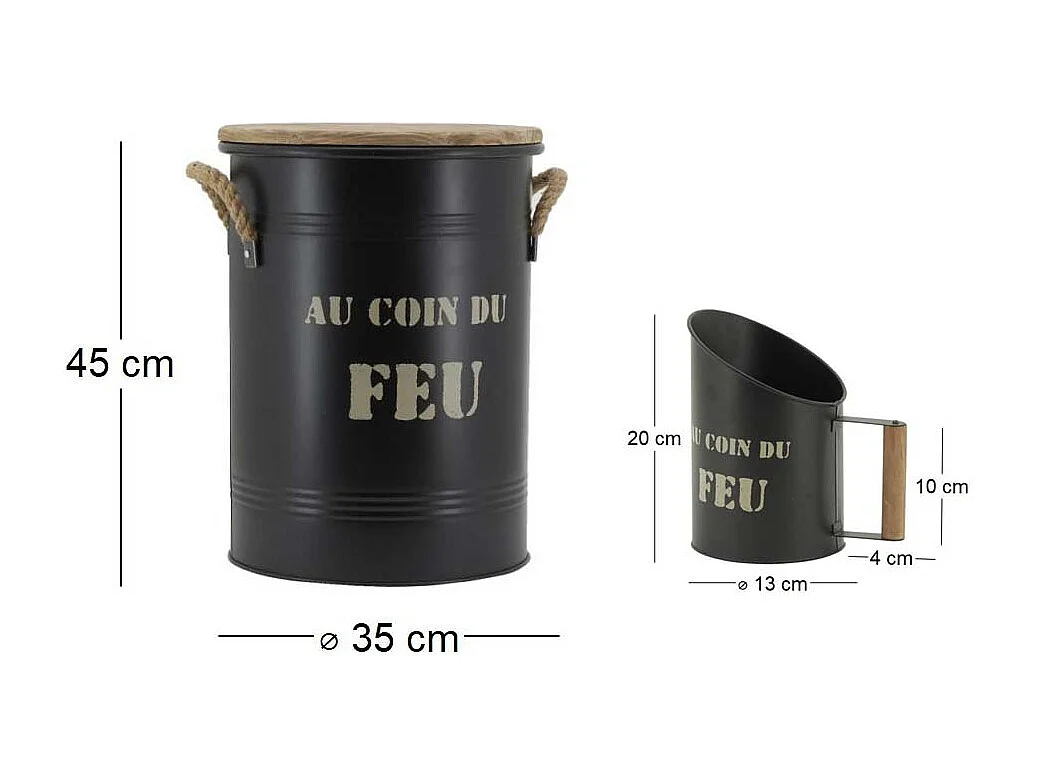 Tabouret et seau à pellets avec pelle Au coin du feu Métal laqué Au coin du feu
