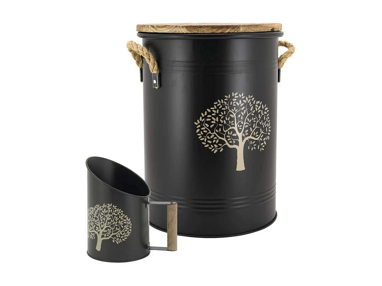 Tabouret et seau à pellets avec pelle Arbre Métal laqué Arbre de vie