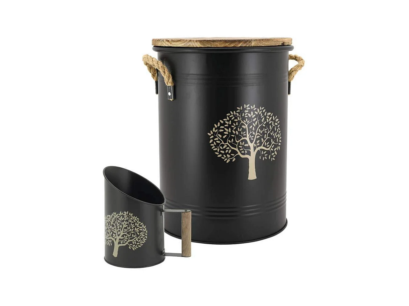 Tabouret et seau à pellets avec pelle Arbre Métal laqué Arbre de vie