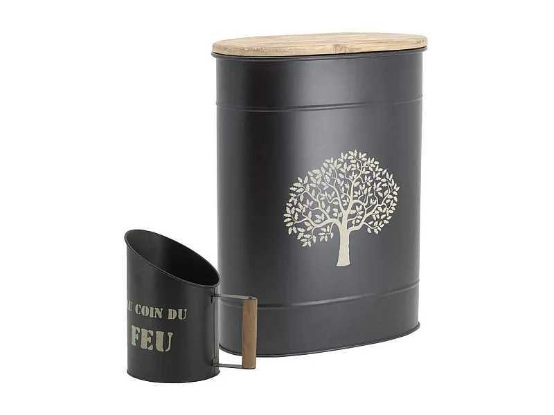 Tabouret et seau à pellets avec pelle Au coin du feu Métal noir Arbre