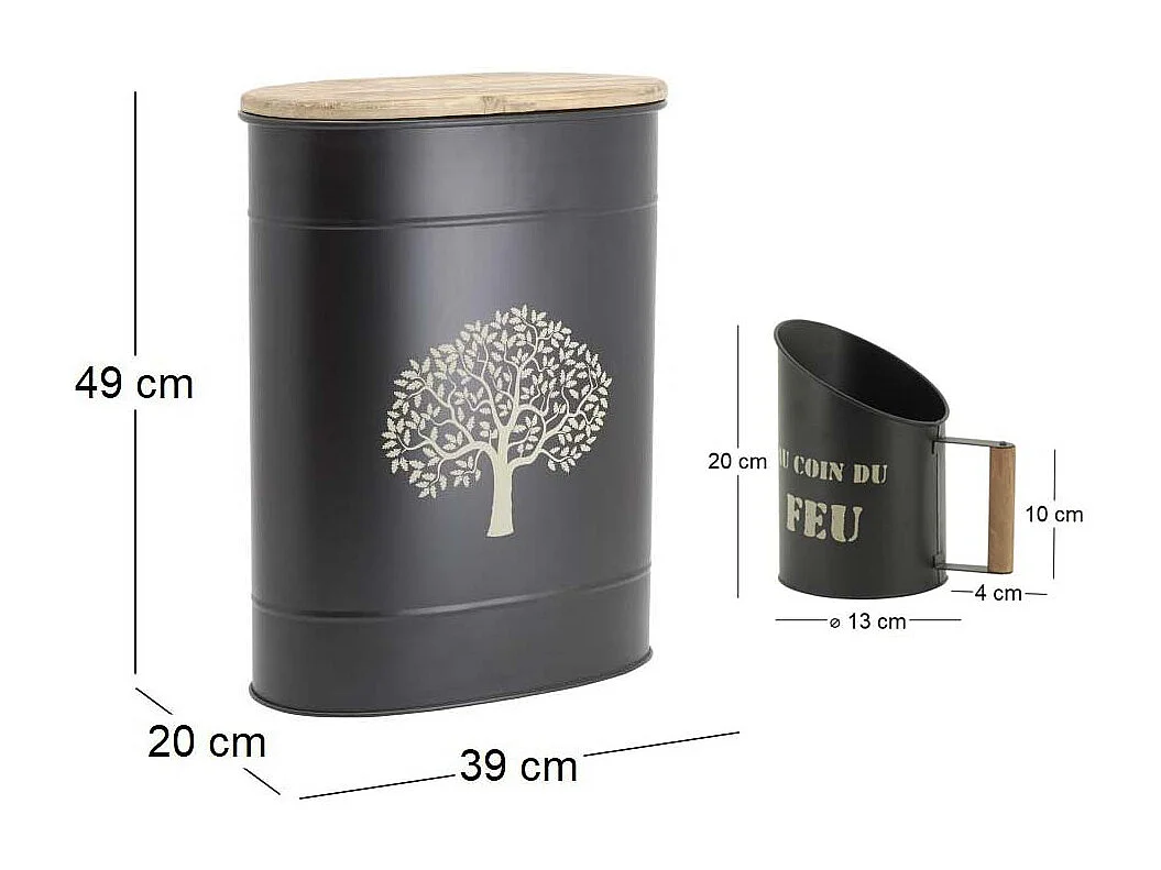 Tabouret et seau à pellets avec pelle Au coin du feu Métal noir Arbre