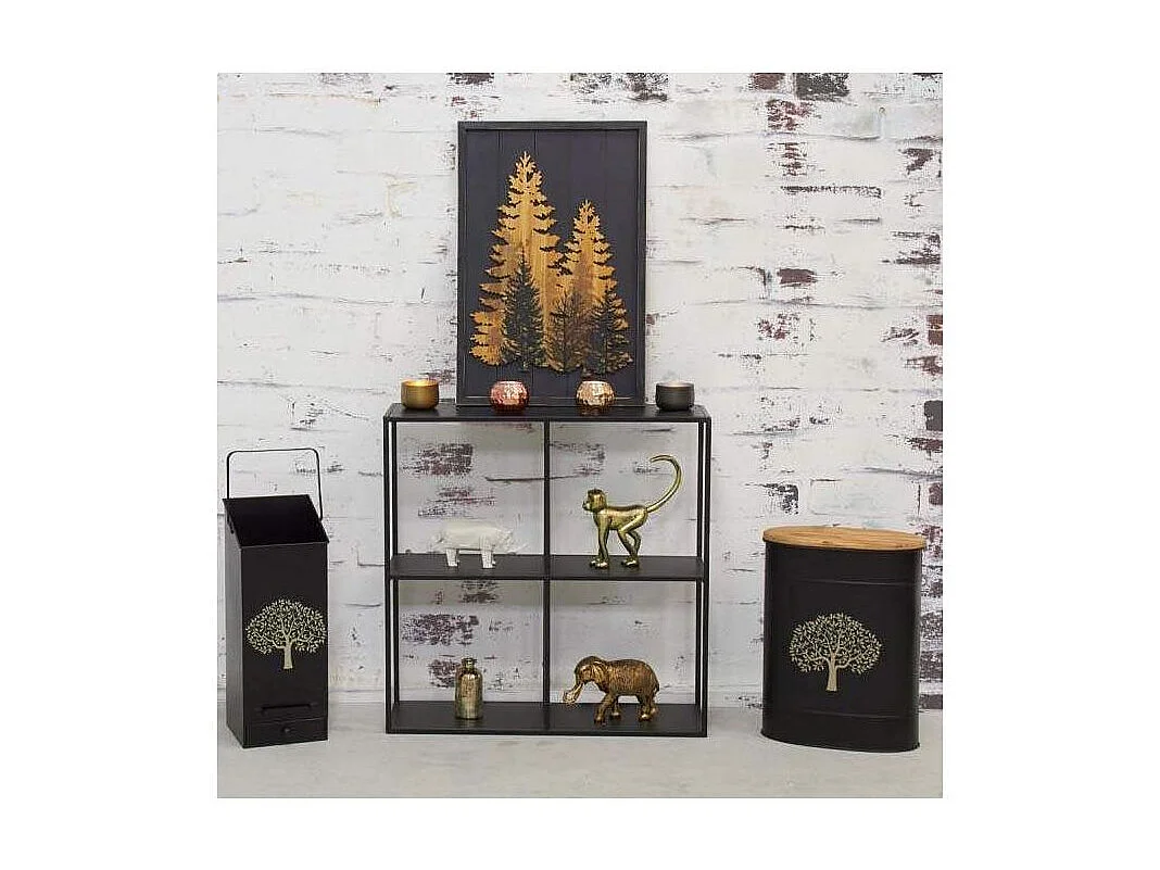 Tabouret et seau à pellets avec pelle Au coin du feu Métal noir Arbre