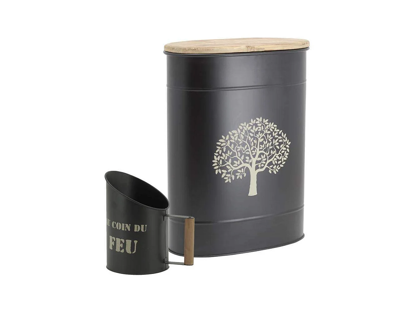 Tabouret et seau à pellets avec pelle Au coin du feu Métal noir Arbre