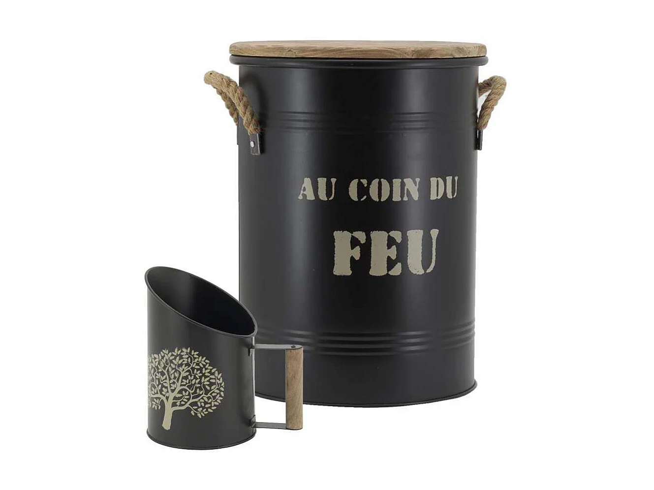 Tabouret et seau à pellets avec pelle Arbre Métal laqué Au coin du feu