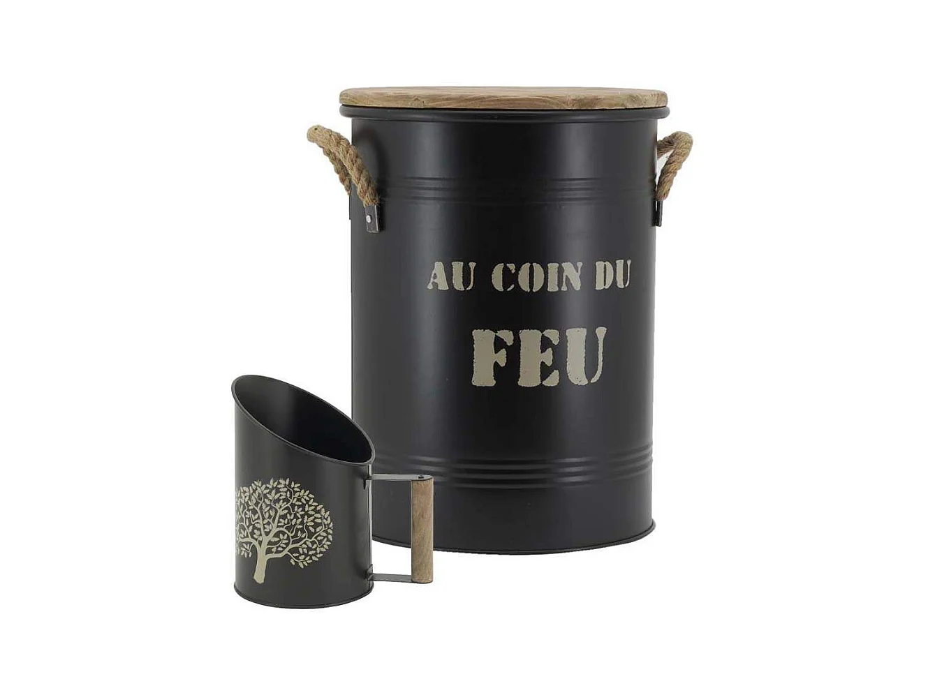 Tabouret et seau à pellets avec pelle Arbre Métal laqué Au coin du feu