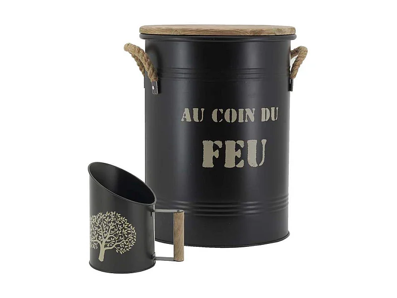 Tabouret et seau à pellets avec pelle Arbre Métal laqué Au coin du feu