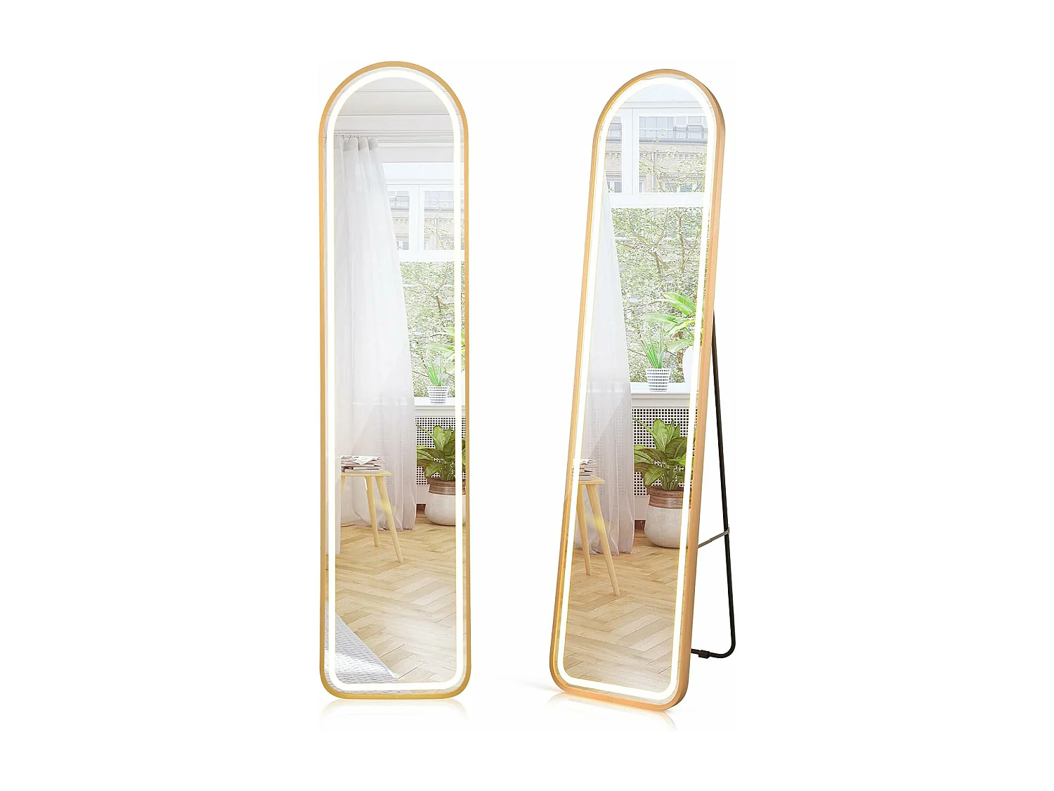 Miroir sur pied rectangulaire avec led, grand miroir 37x155 cm, doré(semi-circulaire)