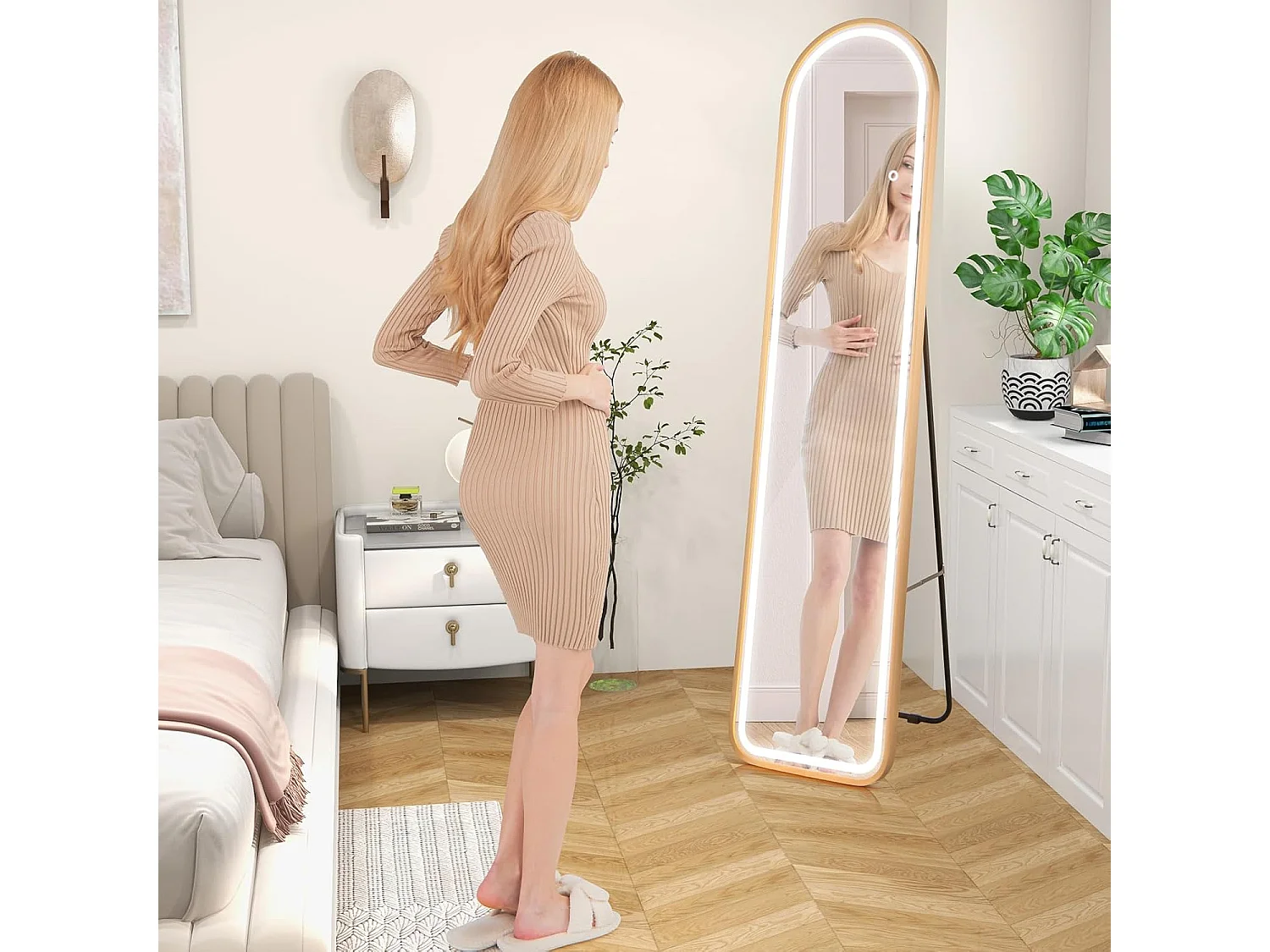 Miroir sur pied rectangulaire avec led, grand miroir 37x155 cm, doré(semi-circulaire)