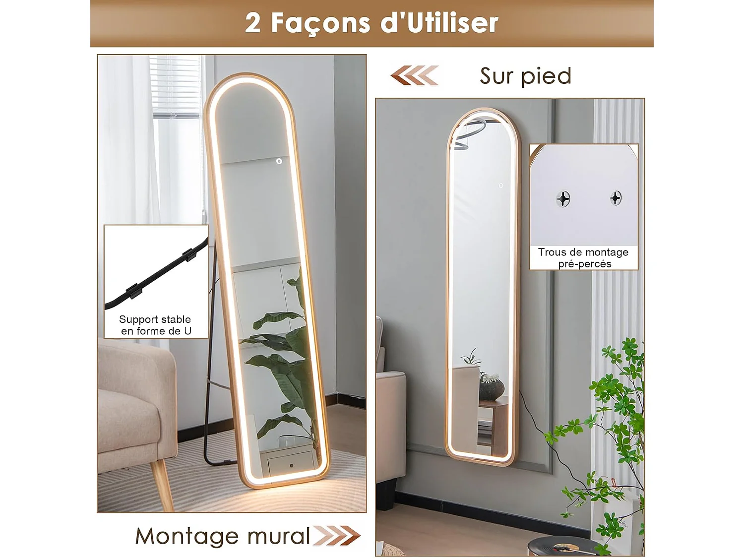 Miroir sur pied rectangulaire avec led, grand miroir 37x155 cm, doré(semi-circulaire)