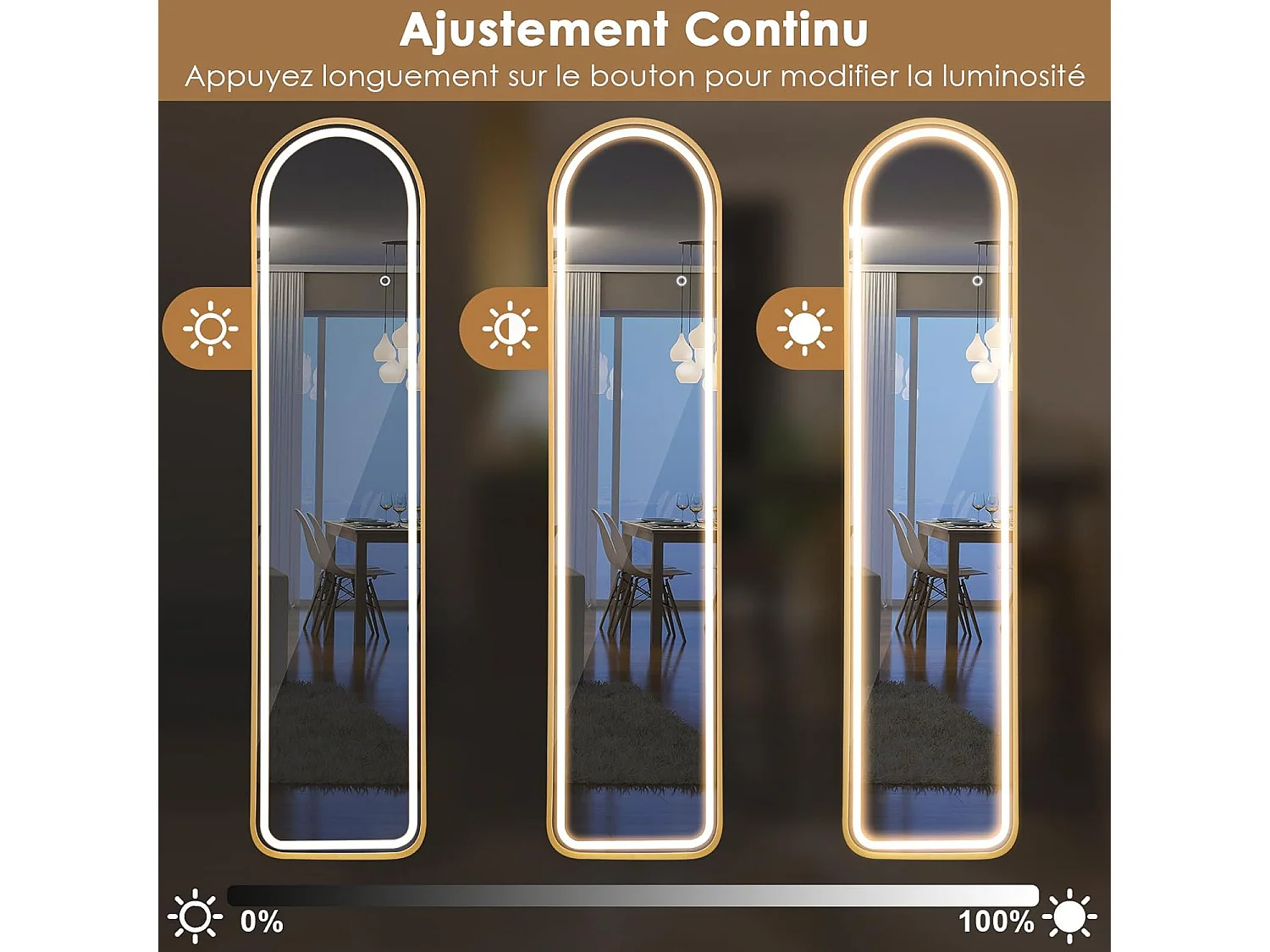 Miroir sur pied rectangulaire avec led, grand miroir 37x155 cm, doré(semi-circulaire)