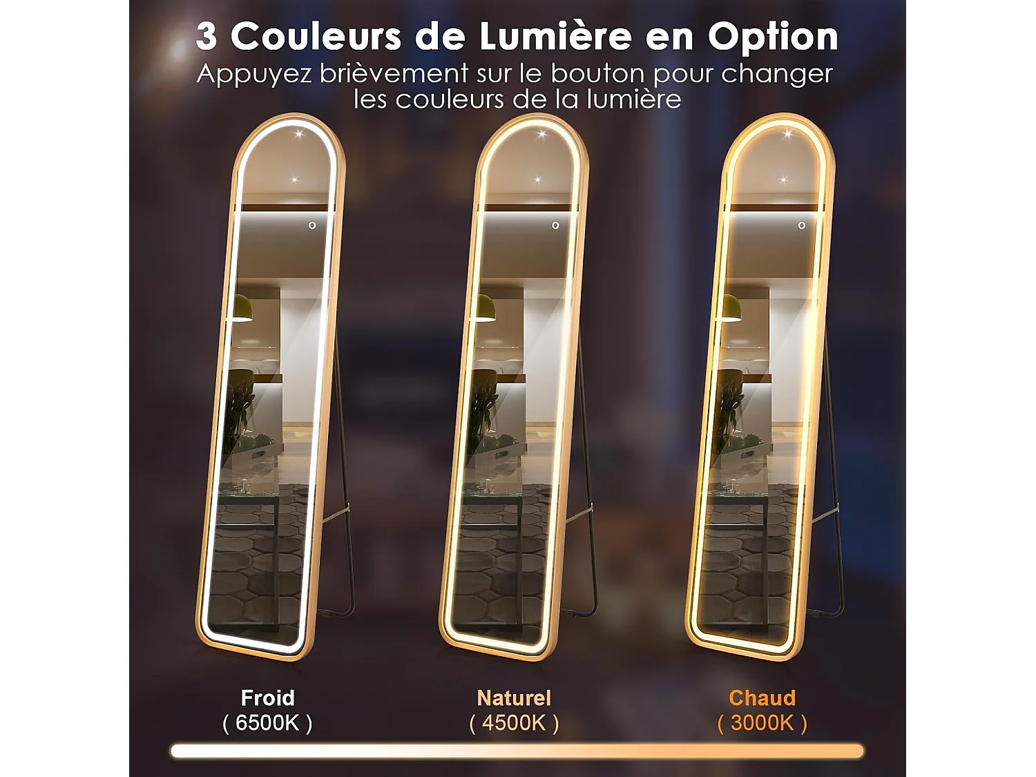 Miroir sur pied rectangulaire avec led, grand miroir 37x155 cm, doré(semi-circulaire)