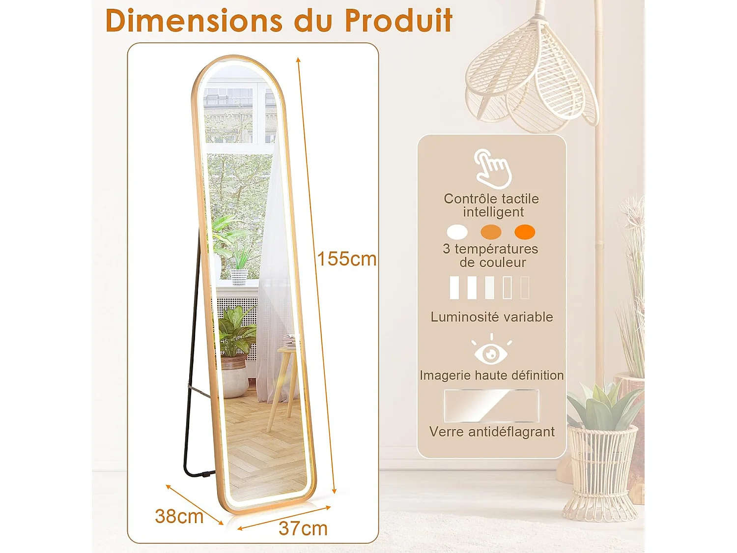 Miroir sur pied rectangulaire avec led, grand miroir 37x155 cm, doré(semi-circulaire)