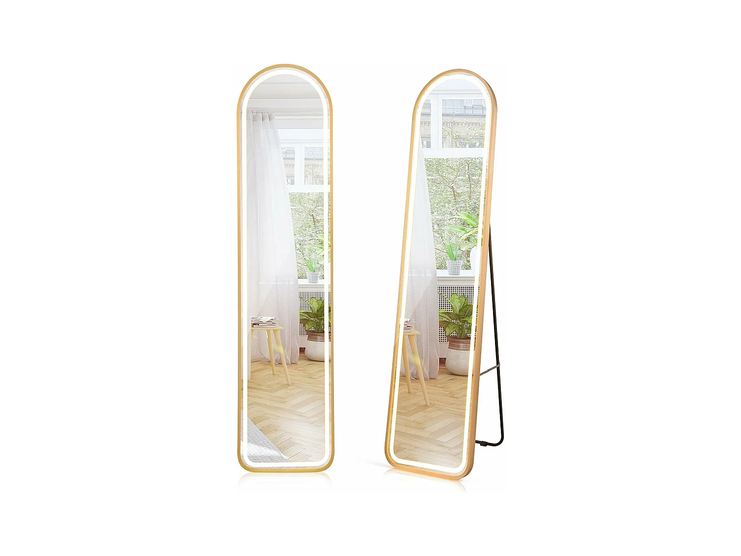 Rechthoekige staande spiegel met LED, grote spiegel 37x155 cm, goud (halfrond)