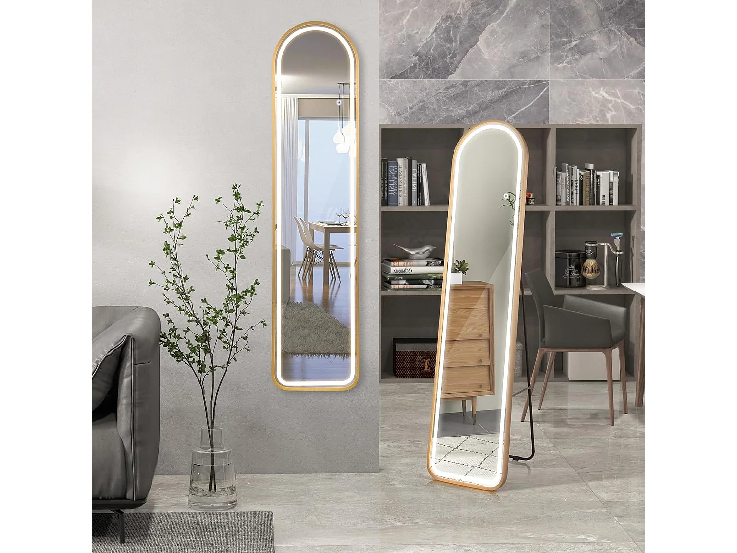 Miroir sur pied rectangulaire avec led, grand miroir 37x155 cm, doré(semi-circulaire)