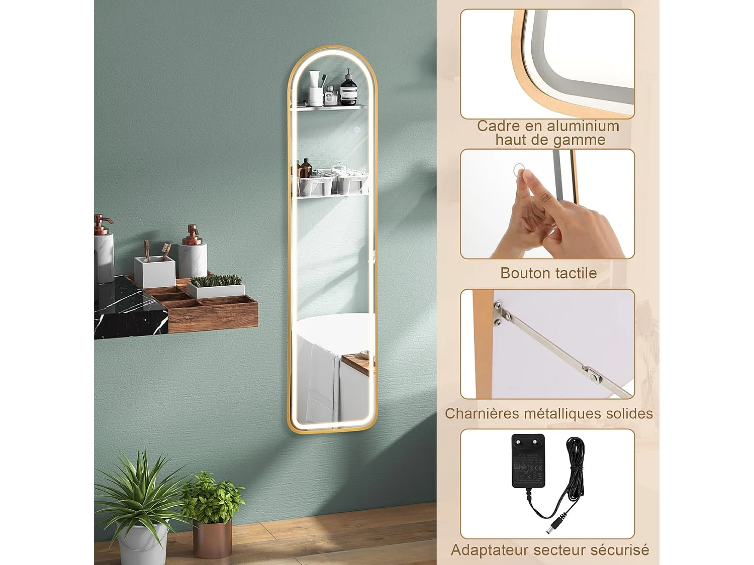 Miroir sur pied rectangulaire avec led, grand miroir 37x155 cm, doré(semi-circulaire)