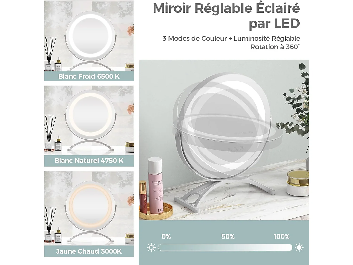 Miroir sur pied maquillage dia.30 cm, 3 éclairages, rotation à 360°, fonction mémoire