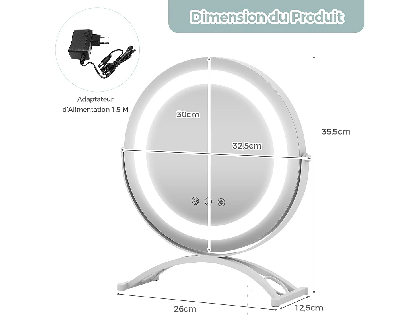 Miroir sur pied maquillage dia.30 cm, 3 éclairages, rotation à 360°, fonction mémoire