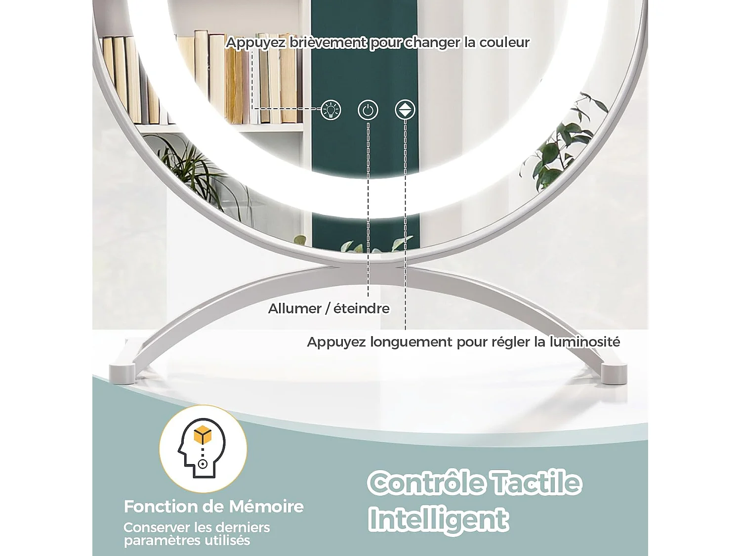 Miroir sur pied maquillage dia.30 cm, 3 éclairages, rotation à 360°, fonction mémoire